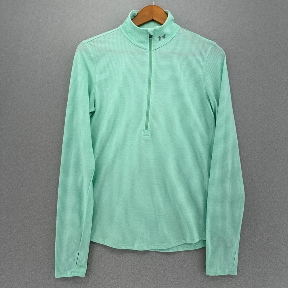 Under Armour HeatGear Run Quarter Zip Pullover Mint Green Striped SZ M Thumbhole - Picture 2 of 8